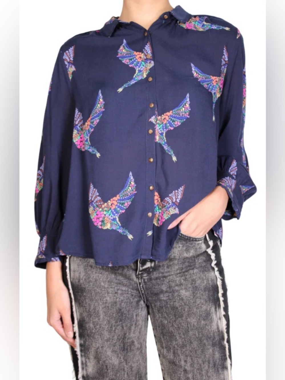 Maeve Navy Button-Front Blouse with Colorful Bird Print